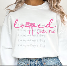 Load image into Gallery viewer, Pink Loved John 3:16 Bow Script TRANSFER