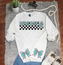 Load image into Gallery viewer, Pink Teal Faux Sequin Checkered Mascot With Sode Bows Option DROPDOWN TRANSFER CAP