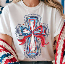 Load image into Gallery viewer, One Nation Under God Watercolor Cross Flag Bow TRANSFER