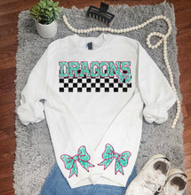 Load image into Gallery viewer, Pink Teal Faux Sequin Checkered Mascot With Sode Bows Option DROPDOWN TRANSFER CAP