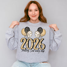 Load image into Gallery viewer, 2026 Trusting God Every Step Gold Shimmer Stars And Black Balloons TRANSFER SDD DEC 25