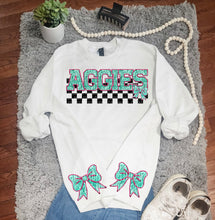 Load image into Gallery viewer, Pink Teal Faux Sequin Checkered Mascot With Sode Bows Option DROPDOWN TRANSFER CAP