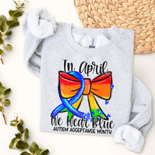 Load image into Gallery viewer, In April We Wear Blue Autism Acceptance Bow DROPDOWN TRANSFER SDD FEB