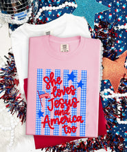 Load image into Gallery viewer, She Loves Jesus Blue Plaid Stripes TRANSFER TCC ET MAR 26