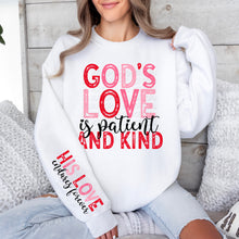 Load image into Gallery viewer, Gods Love Is Patient And Kind Pink Red Blk SLEEVE OPTION TRANSFER DWS