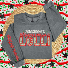 Load image into Gallery viewer, Somebody’s Christmas Obsessed Names Faux Embroidery DROPDOWN SLEEVE OPTION TRANSFER HMWK