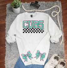 Load image into Gallery viewer, Pink Teal Faux Sequin Checkered Mascot With Sode Bows Option DROPDOWN TRANSFER CAP