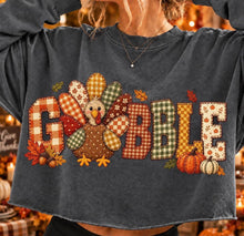 Load image into Gallery viewer, Gobble Faux Embroidery Plaid/Checkered Turkey & Pumpkins TRANSFER TUESDAY