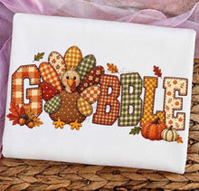 Load image into Gallery viewer, Gobble Faux Embroidery Plaid/Checkered Turkey & Pumpkins TRANSFER TUESDAY
