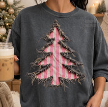 Load image into Gallery viewer, Distressed Pink Striped Tree Faux Appliqué Fringe TRANSFER ET OCT 26