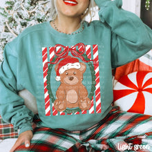 Load image into Gallery viewer, Christmas Bear Santa Hat Red Bow Green Frame Red/Green Lines DROPDOWN TRANSFER CARTER OCT 26