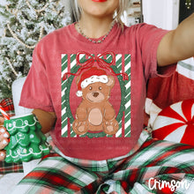 Load image into Gallery viewer, Christmas Bear Santa Hat Red Bow Green Frame Red/Green Lines DROPDOWN TRANSFER CARTER OCT 26