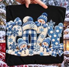 Load image into Gallery viewer, Blue Cozy Faux Yarn Embroidery With Snowmen TRANSFER ET OCT 26