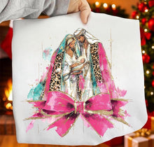 Load image into Gallery viewer, Jesus Mary & Joseph Faux Gold GLitter & Watercolor Pink Bow TRANSFER ET OCT 26