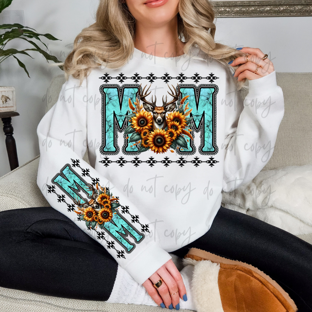 Deer Mom Sunflower Faux Turquoise With Sleeve TRANSFER