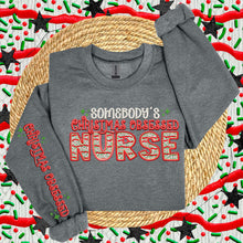 Load image into Gallery viewer, Somebody’s Christmas Obsessed Names Faux Embroidery DROPDOWN SLEEVE OPTION TRANSFER HMWK