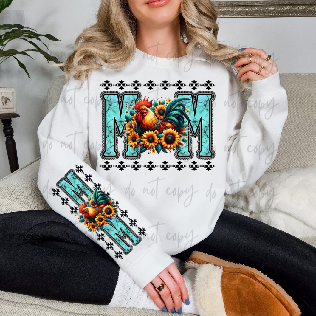 Chicken Mom Sunflower Faux Turquoise With Sleeve TRANSFER