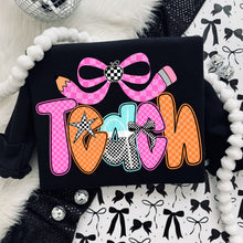 Load image into Gallery viewer, Pink Orange Checker Bow Teach TRANSFER DWS MAR 26