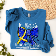 Load image into Gallery viewer, In March We Wear Yellow & Blue Bow Down Syndrome DROPDOWN TRANSFER SDD FEB
