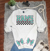 Load image into Gallery viewer, Pink Teal Faux Sequin Checkered Mascot With Sode Bows Option DROPDOWN TRANSFER CAP