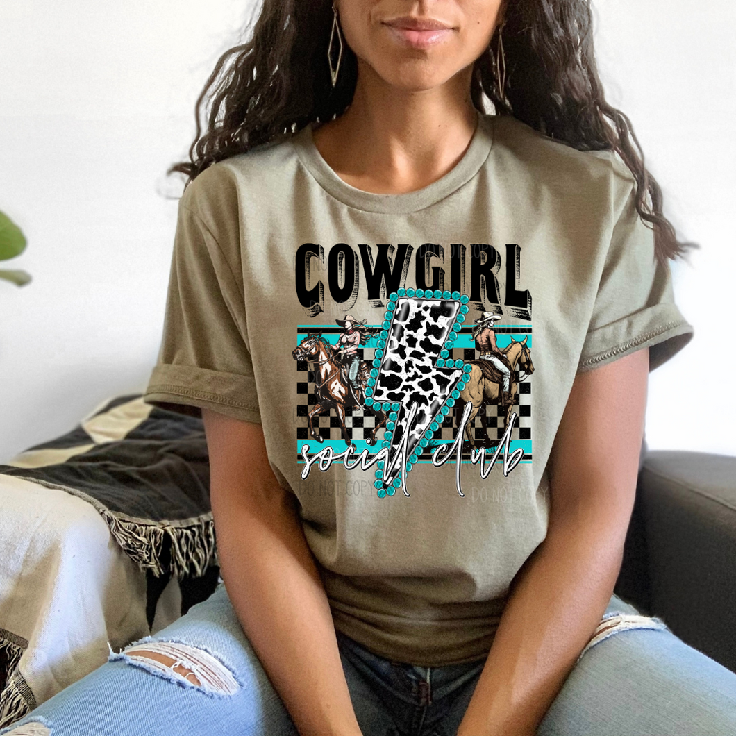 Cowgirl Social Club Cow Print With Turquoise Lightening Bolt And Horse Riding TRANSFER