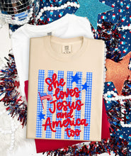 Load image into Gallery viewer, She Loves Jesus Blue Plaid Stripes TRANSFER TCC ET MAR 26