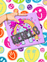 Load image into Gallery viewer, Rainbow Crayon Pink Bow School Mascots DROPDOWN TRANSFER CAP JUNE 26