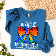 Load image into Gallery viewer, In April We Wear Blue Autism Acceptance Bow DROPDOWN TRANSFER SDD FEB