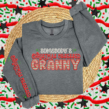 Load image into Gallery viewer, Somebody’s Christmas Obsessed Names Faux Embroidery DROPDOWN SLEEVE OPTION TRANSFER HMWK