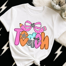 Load image into Gallery viewer, Pink Orange Checker Bow Teach TRANSFER DWS MAR 26