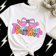 Load image into Gallery viewer, Pink Orange Checker Bow Teacher TRANSFER DWS MAR 26