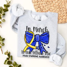 Load image into Gallery viewer, In March We Wear Yellow & Blue Bow Down Syndrome DROPDOWN TRANSFER SDD FEB