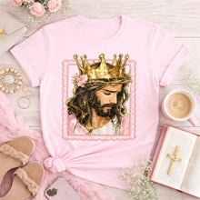 Load image into Gallery viewer, Jesus In Gold Painted Crown With Flower And Pink Scalloped Frame TRANSFER SDD APR 26