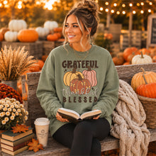 Load image into Gallery viewer, Grateful Thankful Blessed Distressed Pumpkin Trio TRANSFER SDD AUG 26