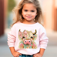 Load image into Gallery viewer, Highland Cow Brushstroke And Gold Glitter With Pink Bow TRANSFER SDD DEC 25