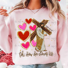 Load image into Gallery viewer, Oh How He Loves Us Cross Faux Glitter Hearts TRANSFER ET JAN 26