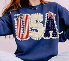 Load image into Gallery viewer, USA Faux Patch Stripes Lace Stars With or Without Bow DROPDOWN TRANSFER ET MAR 26