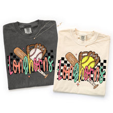 Load image into Gallery viewer, Bright Checker Baseball + Softball Mascot Bat Glove Ball DROPDOWN TRANSFER VIRGO FEB 26