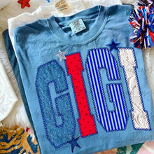 Load image into Gallery viewer, Faux Denim Stars Stripe Lace Stitch Patriotic TITLE DROPDOWN TRANSFER ET MAY 26