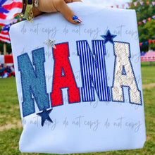 Load image into Gallery viewer, Faux Denim Stars Stripe Lace Stitch Patriotic TITLE DROPDOWN TRANSFER ET MAY 26