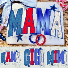 Load image into Gallery viewer, Faux Denim Stars Stripe Lace Stitch Patriotic TITLE DROPDOWN TRANSFER ET MAY 26