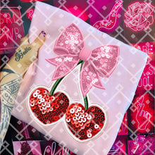 Load image into Gallery viewer, Faux Sequin Pink Bow With Cherries TRANSFER CCD JAN