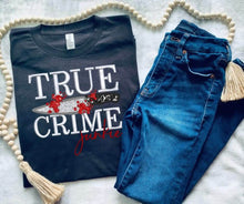 Load image into Gallery viewer, True Crime Junkie Faux Embroidery Sequin Black Or White Dropdown TRANSFER SCG