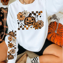 Load image into Gallery viewer, Pumpkin Bow or No Bow Floral Checker Dropdown With SLEEVE OPTION DROPDOWN TRANSFER CSC JULY 25