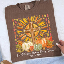 Load image into Gallery viewer, Praise Him In Every Season Faux Wood Cross Gold Glitter Accent Sun & Pumpkin Trio Color DROPDOWN TRANSFER UAC JULY 26