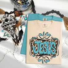 Load image into Gallery viewer, Turquoise And Brown Cowprint Jesus TRANSFER SDD MAR 26
