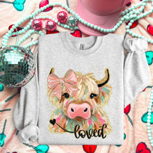 Load image into Gallery viewer, Loved Highland Cow Brushstroke And Gold Glitter With Pink Bow TRANSFER SDD DEC 25