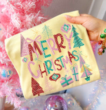 Load image into Gallery viewer, Merry Christmas Block Letter Red Green And Pink Presents And Trees TRANSFER AGCM NOV 25