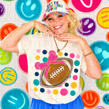 Load image into Gallery viewer, Pink Bow Football Faux Gold Glitter And Polka Dot Backdrop TRANSFER UAC JULY 26