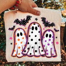 Load image into Gallery viewer, Polka Dotted Ghost Trio With Bats Purple & Orange TRANSFER UAC JULY 26